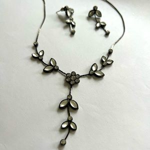 Elegant necklace, earring set, charcoal gray setting, rhinestone & silver enamel
